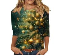 Hauts de Noël pour femme - Nouveauté, Père Noël graphique amusant, joyeux Noël, bonhomme de neige, arbre de Noël, flocon de neige, imprimé élan, col rond, manches 3/4, pull, vacances, fête, t-shirts