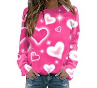 Hauts de Saint-Valentin pour femmes 2026 Chemisier à la mode col rond imprimé amour Saint-Valentin Haut à manches longues Chemisier Cadeaux, rose vif, XL