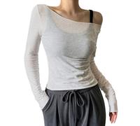 Hauts de sortie pour femme - Manches longues en maille transparente - Épaules dénudées - Manches longues - Transparent - Pour fête, boîte de nuit, chemisiers, tuniques - Pour femme - Mignon basique