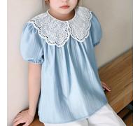 Hauts décontractés mignons de tous les jours pour filles, col Peter Pan, manches bouffantes, col à broderie ajourée, texture à rayures verticales, couleur unie, blouse mode polyvalente 8Y,9Y,10Y,11Y,1