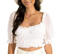 Hauts D'été à Encolure Carrée à Manches Courtes pour Femmes Chemises à Volants Manches Bouffantes Haut Chemisier Joli Sweat à Manches Bouffantes et Volants(S-Blanc)