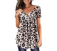 Hauts d'été à manches courtes pour femme - Chemisiers amples - T-shirt basique Henley - Tunique plissée à manches courtes avec boutonnière et col en V - Haut swing élégant avec imprimé floral, kaki