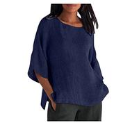 Hauts d'été décontractés en coton et lin pour femme - Grande taille - Tunique à manches 3/4 - Couleur unie - Coupe ample - Col rond - Confortable - T-shirt habillé pour le bureau, 00 Navy Ladies