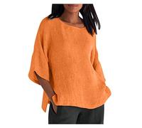 Hauts d'été décontractés en coton et lin pour femme - Grande taille - Tunique à manches 3/4 - Couleur unie - Coupe ample - Col rond - Confortable - T-shirt habillé pour le bureau, 01 Orange Ladies