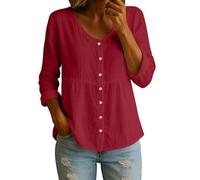 Hauts d'été en coton et lin à manches longues boutonnées pour femme, tunique décontractée, coupe ample, doux et confortable, pour les vacances, la plage, tailles 34-52, A80 Rouge, M