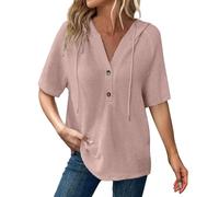 Hauts d'été en tricot pour femmes 2025 à manches courtes et légers avec cordon de serrage Sweat à capuche Pull col en V Blouses décontractées Chemise S Femme Chemisier Rouge, Rose, XXL
