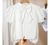 Hauts d'été pour adolescentes, été, moelleux, un chemisier blanc à manches courtes, plissé, bouffant, avec un grand nœud au col pour une jeune femme, confortable, , élégant et doux. Il convient pour l