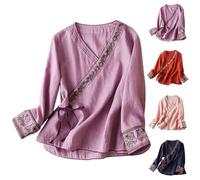 Hauts d'été pour femme 2026 - Broderie en coton et lin - Manches courtes - Col en V - Ourlet fluide - Tunique bohème - Tendance - Baggy - Uni - Décontracté - Tendance - Chemisier habillé, bleu marine