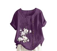 Hauts d'été pour femmes 2025 amples décontractés en coton et lin chemises bohème brodé haut à manches courtes bouton t-shirt vintage tunique pull élégant t-shirts L, Violet 1, 4XL