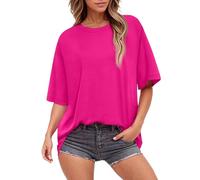 Hauts d'été pour femmes à manches courtes et col rond, t-shirts surdimensionnés tendance uni/imprimé floral, vêtements de plage et de vacances, 1b-rose vif, L