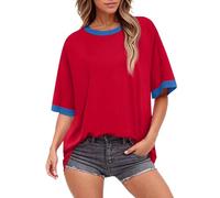 Hauts d'été pour femmes à manches courtes et col rond, t-shirts surdimensionnés tendance uni/imprimé floral, vêtements de plage et de vacances, 1a-rouge, XL