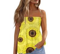 Hauts d'été pour Femmes,Femmes Bustier Bandeau Tops Sexy Été Tunique sans Manches Chic T-Shirt Floral Debardeur Ample Pas Cher Haut Dos Nu Blouse Debardeur Long Femme,Or,S,B85