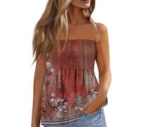 Hauts d'été pour Femmes,Femmes Debardeur été Sexy Bustier Tube Top épaules Dénudées Hauts sans Manches sans Bretelles Bandeau Floral Blouse Chemise Débardeur Femme Chic,Rouge Profond,M,B184