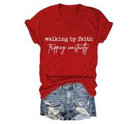 Hauts d'été pour femmes - T-shirt décontracté à manches courtes et col rond - T-shirt à slogan « Walking By Faith Tripping Constantly » - Doux et respirant, Rouge, 3XL