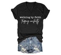 Hauts d'été pour femmes - T-shirt décontracté à manches courtes et col rond - T-shirt à slogan « Walking By Faith Tripping Constantly » - Doux et respirant, Noir , XL