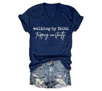 Hauts d'été pour femmes - T-shirt décontracté à manches courtes et col rond - T-shirt à slogan « Walking By Faith Tripping Constantly » - Doux et respirant, noir foncé, XL