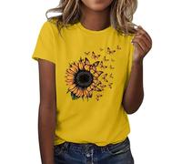 Hauts d'été pour femmes, T-shirts pour femmes, imprimé tournesol, papillon, col rond, manches courtes, t-shirts décontractés, jaune, L