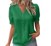 Hauts d'été pour femmes UK Décontracté Col en V Dentelle Épissure Creux Bulle Manches Courtes Blouses Élégant Coupe Classique Dress Shirt 2, Vert-2, XL