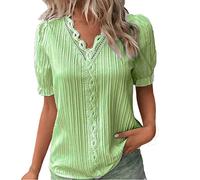 Hauts d'été pour femmes UK Décontracté Col en V Dentelle Épissure Creux Bulle Manches Courtes Blouses Élégant Coupe Classique Dress Shirt 2, Vert-1, M