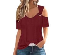 Hauts d'été tendance à épaules dénudées pour femmes, haut ample à col en V, tunique décontractée, sexy à manches courtes, rouge vin, Taille XL