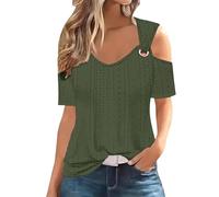 Hauts d'été tendance à épaules dénudées pour femmes, haut ample à col en V, tunique décontractée, sexy à manches courtes, vert militaire, Taille L