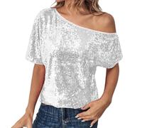 Hauts élégants à paillettes pour femme - Paillettes scintillantes - Sans épaules - Manches courtes - Épaules dénudées - Hauts festifs - Chemisier tendance - Chemisier de soirée - T-shirts de sortie