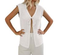 Hauts en crochet pour femmes, tenues d'été, couverture de plage, sortie, noué sur le devant, gilet de printemps 2025, blanc, L