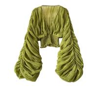 Hauts en dentelle pour femme - Manches longues - Col en V - Dentelle - 2024 - Évasée - Tunique - Mode décontractée - Chemisier sexy à volants - Manches longues - Haut d'été en mousseline de soie, O