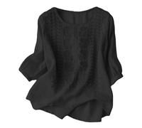 Hauts en lin pour femme - Tendance d'été rétro - En coton et lin - Chemisier ample à motif floral - Tunique vintage brodée - Col en V - Grande taille - Élégant, Noir #1., M