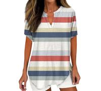 Hauts en lin pour femmes - Chemise imprimée - Petit col en V - Haut de gamme - Manches courtes - Tendance - Polyvalent - Décontracté - Grande taille - Vêtements d'été - Chemises en coton - Hauts de