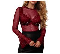 Hauts en Maille pour Femmes, Hauts Strass, Chemisiers Manches Longues et Cloches, Chemises Paillettes, Tenues de Club Sexy Corsets Rouges pour Femmes avec Manches (S)