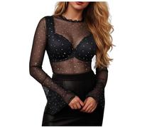 Hauts en Maille pour Femmes, Hauts Strass, Chemisiers Manches Longues et Cloches, Chemises Paillettes, Tenues de Club Sexy Corsets Rouges pour Femmes avec Manches (S)