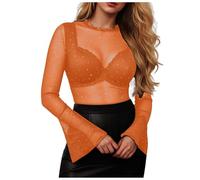 Hauts en Maille pour Femmes, Hauts Strass, Chemisiers Manches Longues et Cloches, Chemises Paillettes, Tenues de Club Sexy Corsets Rouges pour Femmes avec Manches (Orange, XL)
