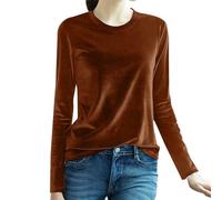 Hauts en velours pour femmes à manches longues et col rond - Chemisier Pullove solide et décontracté - Haut tendance en velours - T-shirt basique, café, 4XL