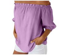 Hauts épaules dénudées pour femmes, t shirts oversize en coton et lin, coupe ample et décontractée, blouses bohèmes, grandes tailles, chemises de plage Chemisiers Noirs Manches Courtes (Purple, S)