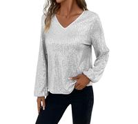 Hauts festifs pour femme - Paillettes - Manches longues - Brillant - Col en V - Pour une fête parfaite et le Nouvel An, Blanc., L