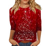 Hauts festifs pour femme - Pull de Noël à manches 3/4 - Imprimé arbre de Noël - Haut classique - Coupe classique - Pour Noël, fête, mode décontracté - T-shirt de Noël pour adolescentes et filles