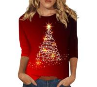 Hauts festifs pour femme - Pull de Noël à manches 3/4 - Imprimé arbre de Noël - Haut classique - Coupe classique - Pour Noël, fête, mode décontracté - T-shirt de Noël pour adolescentes et filles