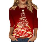 Hauts festifs pour femme - Pull de Noël à manches 3/4 - Imprimé arbre de Noël - Haut classique - Coupe classique - Pour Noël, fête, mode décontracté - T-shirt de Noël pour adolescentes et filles