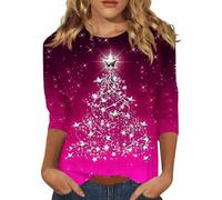 Hauts festifs pour femme - Pull de Noël à manches 3/4 - Imprimé arbre de Noël - Haut classique - Coupe classique - Pour Noël, fête, mode décontracté - T-shirt de Noël pour adolescentes et filles, Rose