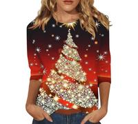 Hauts festifs pour femme - Pull de Noël à manches 3/4 - Imprimé arbre de Noël - Haut classique - Coupe classique - Pour Noël, fête, mode décontracté - T-shirt de Noël pour adolescentes et filles