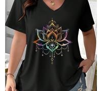 Hauts graphiques pour femmes, tailles plus, simples et décontractés, avec col V, manches courtes et imprimé floral de lotus 0XL,1XL,2XL,3XL,4XLGéométrique,Tout ImpriméTissu tricoté