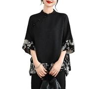 Hauts Patchwork Imprimés Floraux De Style Chinois Pour Femmes Chemise À Col Montant Et Manches 3/4 Et Ourlet Fluide Chemisier De Style Ethnique Rétro(B)