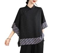 Hauts Patchwork Imprimés Floraux De Style Chinois Pour Femmes Chemise À Col Montant Et Manches 3/4 Et Ourlet Fluide Chemisier De Style Ethnique Rétro(D)