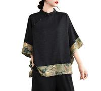 Hauts Patchwork Imprimés Floraux De Style Chinois Pour Femmes Chemise À Col Montant Et Manches 3/4 Et Ourlet Fluide Chemisier De Style Ethnique Rétro(A)