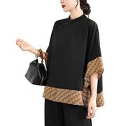 Hauts Patchwork Imprimés Floraux De Style Chinois Pour Femmes Chemise À Col Montant Et Manches 3/4 Et Ourlet Fluide Chemisier De Style Ethnique Rétro(C)