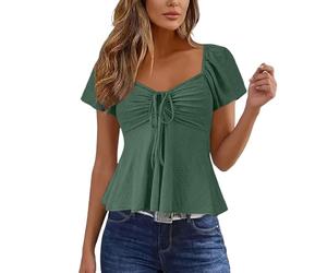 Hauts péplum d'été décontractés à manches courtes pour femme - Nuisette Y2k - Mignon noué sur le devant - Encolure en cœur, vert militaire, Taille M