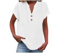 Hauts pour femme - Chemise d'été en lin - Col en V - Manches courtes - Poche boutonnée - Tunique élégante et décontractée - En coton - Pour femme, 03 Blanc, S