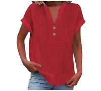 Hauts pour femme - Chemise d'été en lin - Col en V - Manches courtes - Poche boutonnée - Tunique élégante et décontractée - En coton - Pour femme, Rouge, S