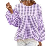 Hauts pour femme - Chemise vichy à manches longues - Col rond - Chemisier ample - Grande taille - Sweat à carreaux doux - Vêtements d'automne et d'été - Vêtements de plage - Tenue décontractée, 1 #